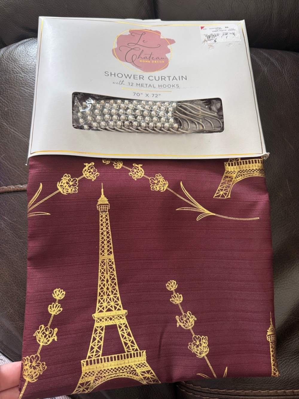 Le Chateau Burgundy and Gold Eiffel Tower Shower Curtain 70x72